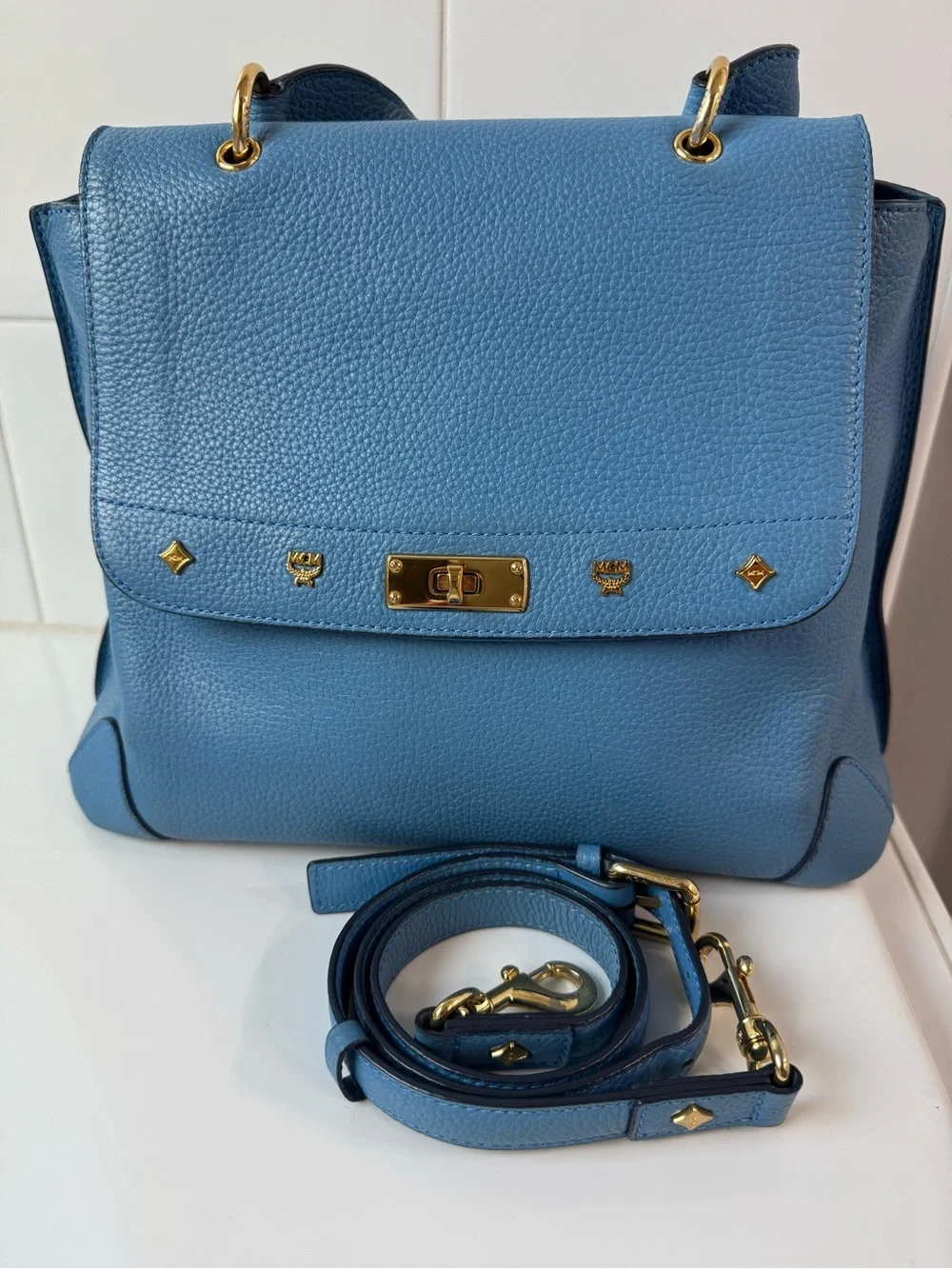 MCM Blue Leather Top-Handle Satchel with Gold Hardware